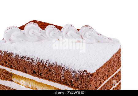 Une tranche alléchante de gâteau tiramisu est présentée sur un fond blanc, mettant en valeur ses couches délicieuses et son arôme invitant Banque D'Images