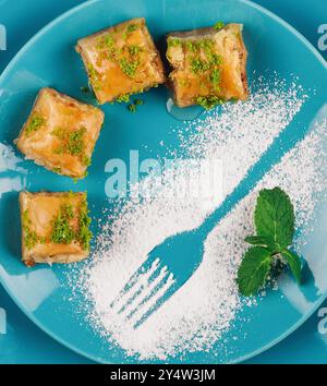 Délicieux morceaux de baklava couchés sur une assiette turquoise avec une fourchette tirée dans de la poudre de sucre et décorée de feuilles de menthe Banque D'Images