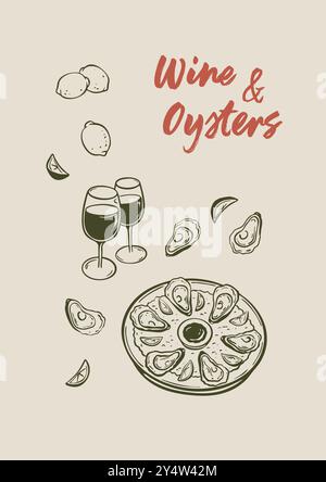 Affiche a4 verticale à écriture manuscrite minimaliste vin et huîtres. Restaurant de poissons et fruits de mer et menu de bar. Illustration vectorielle de gravure dessinée à la main. Charbon de bois, Illustration de Vecteur
