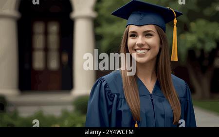 Une fière diplômée de l'université se tient debout dans sa casquette et sa robe, tenant son diplôme, souriant comme elle regarde vers l'avant, marquant la fin du travail acharné et un nouveau départ. Illustration de Vecteur