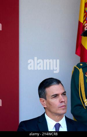 Pedro Sanchez, premier ministre, assiste à la fête nationale : défilé militaire le 12 octobre 2023 à Madrid, en Espagne. Banque D'Images