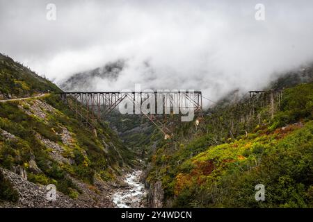 Pont effondré vu du chemin de fer White Pass-Yukon route en Alaska Banque D'Images