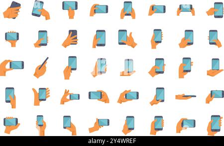 Collection de mains tenant à l'aide montrant les téléphones mobiles smartphones dans différentes positions telles que la prise de selfie photo ou chat vidéo Illustration de Vecteur