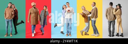 Ensemble de couples heureux dans des vêtements d'automne sur fond de couleur Banque D'Images