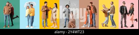Ensemble de couples heureux dans des vêtements d'automne sur fond de couleur Banque D'Images