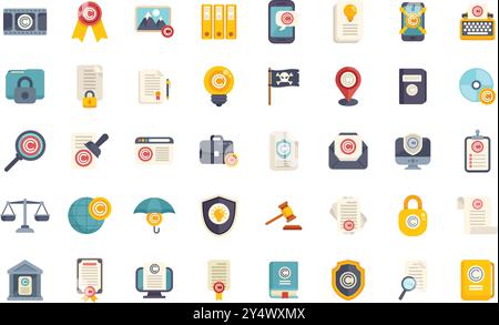 Icônes indiquant la législation sur les droits d'auteur, la protection du contenu numérique et les droits de propriété intellectuelle Illustration de Vecteur