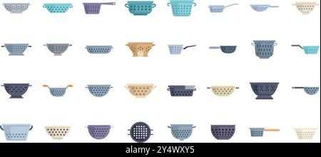 Ensemble de différentes passoires pour la cuisine, icônes de passoire de cuisine dans un style plat, isolé sur fond blanc Illustration de Vecteur