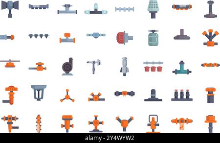 Ensemble d'éléments de plomberie montrant différents tuyaux de raccordement et vannes pour le système d'approvisionnement en eau, la construction de pipelines, l'ingénierie sanitaire, la rénovation de la maison Illustration de Vecteur