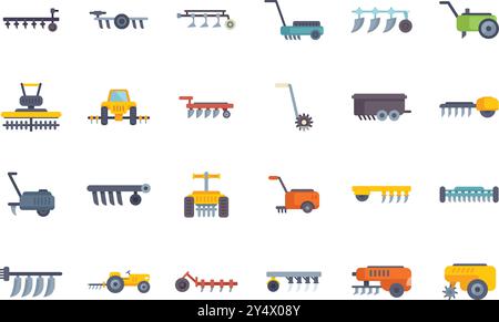 Ensemble d'icônes colorées représentant diverses machines agricoles utilisées pour cultiver et labourer le sol, essentielles pour préparer la terre à une récolte réussie Illustration de Vecteur