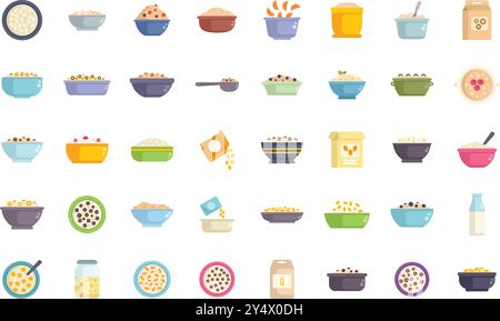 Grand ensemble de délicieuses icônes de porridge montrant différents types de porridge servis avec des garnitures et des ingrédients tels que des baies, des noix, des graines et des fruits Illustration de Vecteur