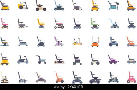 Cet ensemble d'icônes de fauteuil roulant électrique représente différents types d'aides à la mobilité, mettant l'accent sur l'accessibilité et l'indépendance des personnes handicapées Illustration de Vecteur