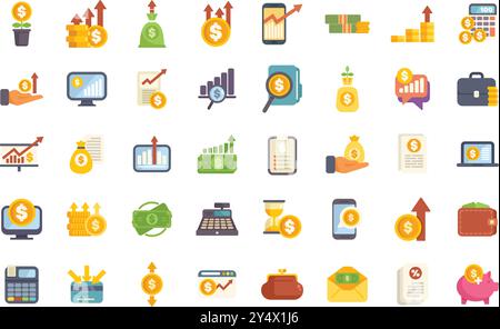 Il s'agit d'un ensemble d'icônes de style plat représentant la finance, l'investissement, les affaires, l'argent, le prêt et l'épargne Illustration de Vecteur