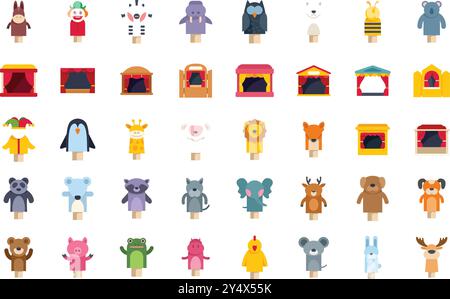 Collection colorée de marionnettes représentant divers animaux et personnages, ainsi que différentes scènes de spectacle de marionnettes, apportant joie et divertissement Illustration de Vecteur