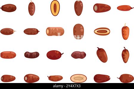 Ensemble d'icônes de fruits de dates dans un style plat montrant différentes sortes de dates, entières, coupées en deux, dénoyautées Illustration de Vecteur