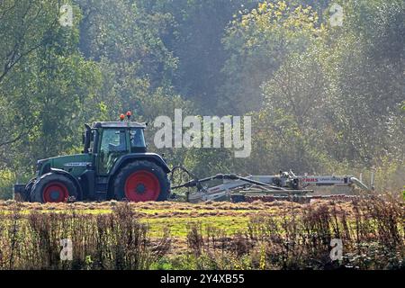 Landarbeit in Nordrhein-Westfalen Ein Schlepper des Herstellers Fendt befährt mit einem Heuwender eine Auenlandschaft um eine gleichmäßige Trocknung von dem Heu zu erzielen. Essen Rhénanie-du-Nord-Westphalie Deutschland *** travaux agricoles en Rhénanie-du-Nord-Westphalie Un tracteur du fabricant Fendt conduit une faneuse à travers un paysage de prairie pour obtenir un séchage uniforme du foin Essen Rhénanie-du-Nord-Westphalie Allemagne Banque D'Images