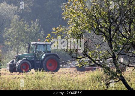 Landarbeit in Nordrhein-Westfalen Ein Schlepper des Herstellers Fendt befährt mit einem Heuwender eine Auenlandschaft um eine gleichmäßige Trocknung von dem Heu zu erzielen. Essen Rhénanie-du-Nord-Westphalie Deutschland *** travaux agricoles en Rhénanie-du-Nord-Westphalie Un tracteur du fabricant Fendt conduit une faneuse à travers un paysage de prairie pour obtenir un séchage uniforme du foin Essen Rhénanie-du-Nord-Westphalie Allemagne Banque D'Images