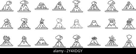 Jeu d'icônes d'explosion de volcan. Différentes étapes de l'activité volcanique sont représentées dans cet ensemble d'icônes de ligne, montrant la puissance et le danger de la nature Illustration de Vecteur