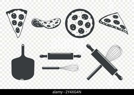 Ensemble d'icônes de pizza dessinées à la main de vecteur. Pizza entière, tranche de pizza, palette, fouet, rouleau à pâtisserie. Modèles de conception pour Pizzeria, conception de menu, icônes. Pizza Illustration de Vecteur