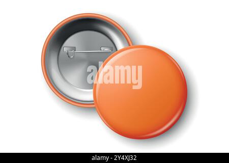 Vector 3D réaliste Orange Round PIN badge maquette gros plan isolé. Modèle de conception de badge de bouton vierge pour les événements. Badge d'identification, vue avant, arrière Illustration de Vecteur