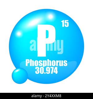 Icône de phosphore. P élément chimique. Numéro atomique 15. Masse 30.974. Image de sphère bleue. Symbole vectoriel. Illustration de Vecteur