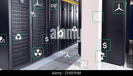 Illustration des icônes écologiques au-dessus de la salle des serveurs Banque D'Images