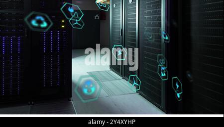 Illustration des icônes écologiques au-dessus de la salle des serveurs Banque D'Images