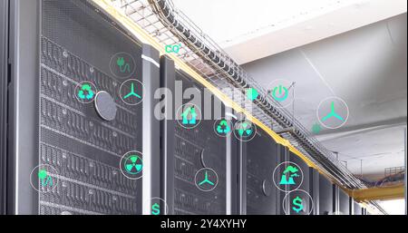 Illustration des icônes écologiques au-dessus de la salle des serveurs Banque D'Images