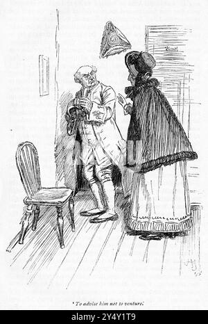 Gravure d'une scène du livre Mansfield Park de Jane Austen, édition 1926, illustrée par Hugh Thomson, montrant une femme conseillant à un homme de ne pas entrer dans une pièce Banque D'Images