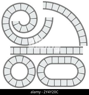 Jeu de vecteurs de film fixe. Cadres en spirale et ovales. Bobines de film courbées. Éléments graphiques cinématographiques. Illustration de Vecteur