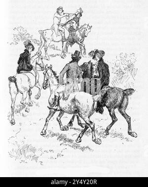 Gravure d'un groupe d'hommes et de femmes à cheval dans la campagne anglaise à la fin du XVIIIe siècle, image publiée vers 1880 Banque D'Images