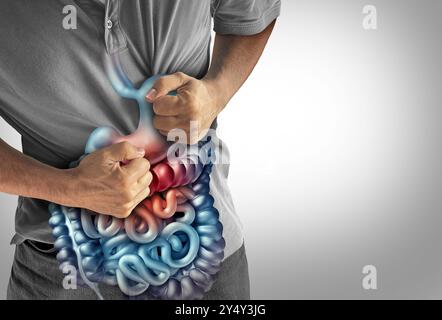 Symptômes du SCI et douleurs d'estomac ou maux d'estomac avec une douleur du système digestif douloureuse comme une maladie abdominale ou syndrome du côlon irritable et ulcères repr Banque D'Images