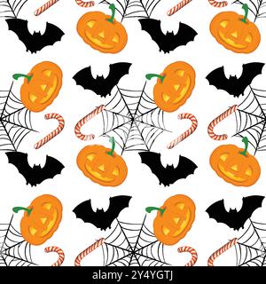Citrouilles, chauves-souris, toiles et cannes de bonbon Illustration de Vecteur