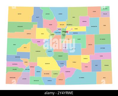 Colorado, état américain, subdivisé en 64 comtés, carte politique multicolore avec Denver capitale, frontières et noms de comté. Banque D'Images