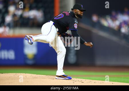 Le lanceur Luis Severino #40 des mets de New York lance lors de la première manche du match de baseball contre les Phillies de Philadelphie au Citi Field à Corona, New York, le jeudi 19 septembre 2024. (Photo : Gordon Donovan) Banque D'Images