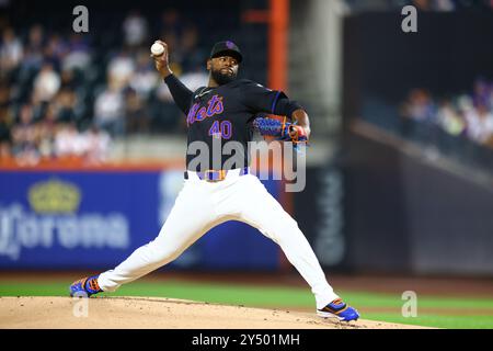 Le lanceur Luis Severino #40 des mets de New York lance lors de la première manche du match de baseball contre les Phillies de Philadelphie au Citi Field à Corona, New York, le jeudi 19 septembre 2024. (Photo : Gordon Donovan) Banque D'Images