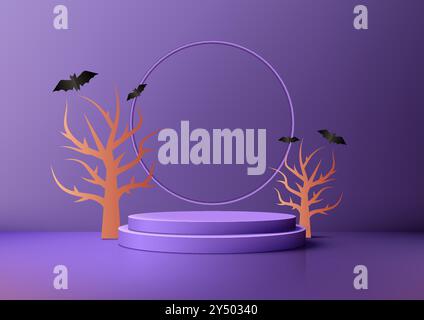 Scène d'Halloween effrayante avec podium circulaire 3D, chauves-souris volantes et arbres stériles en fond violet pour décor festif et affichage de produit Illustration de Vecteur