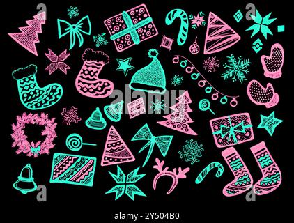 Ensemble de différents éléments de Noël en rose, couleurs turquoise sur fond noir. Doodle. Éléments stylisés remplis d'ornement géométrique. Arbres de Noël, cadeaux, flocons de neige, couronne, guirlande, etc Banque D'Images
