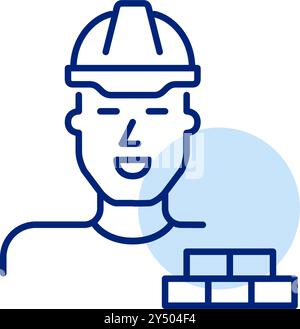 Homme en casque et briques. Sécurité dans les travaux de construction. Le travail manuel. Pixel Perfect, icône de vecteur de contour modifiable Illustration de Vecteur