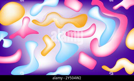 Les formes géométriques abstraites prospèrent dans des couleurs vives, placées sur un fond violet. Polyvalent pour les projets de design graphique et les concepts modernes. Illustration de Vecteur