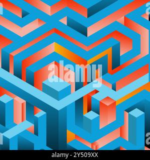 Motif isométrique abstrait en bleu, orange et rouge adapté aux arrière-plans, papiers peints, textiles et projets de conception graphique. Dynamique et moderne AE Illustration de Vecteur