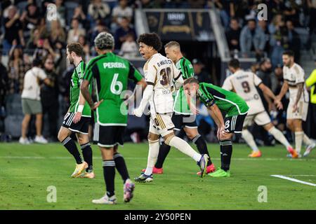 L’attaquant du LAFC David Martínez (30) célèbre un but lors d’un match de la MLS contre l’Austin FC, le mercredi 18 septembre 2024, au stade BMO, à Los Ang Banque D'Images