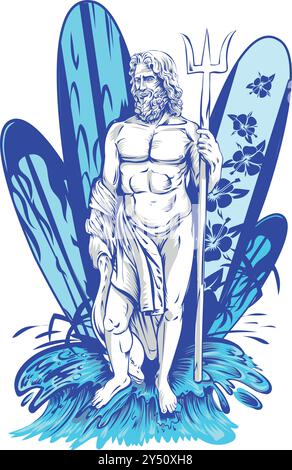 Surfeur Poseidon sur fond de planche de surf. illustration vectorielle Illustration de Vecteur