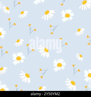 Un beau motif sans couture avec des fleurs de Marguerite, prairie et coeurs dessinés à la main sur l'illustration vectorielle de fond bleu. Joli fond d'écran d'été Illustration de Vecteur