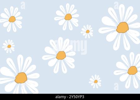 Un beau motif sans couture avec des fleurs de Marguerite, prairie et coeurs dessinés à la main sur l'illustration vectorielle de fond bleu. Joli fond d'écran d'été Illustration de Vecteur