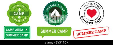 Camp d'été saison événement camping exploration aventure voyage timbre badge autocollant étiquette design set collection illustration Illustration de Vecteur