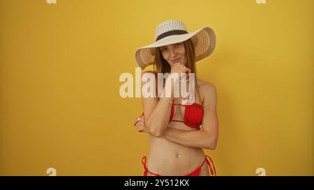 Une belle jeune femme blonde portant un bikini rouge et un chapeau de paille pose contre un mur isolé de fond jaune. Banque D'Images