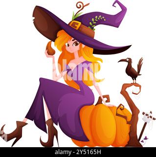 Une sorcière de dessin animé dans une robe violette et un grand chapeau est assis sur une citrouille, tenant une bouteille de potion, avec un corbeau à proximité. Illustration de Vecteur