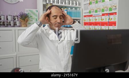 Pharmacien de sexe masculin portant un manteau blanc dans une pharmacie, tenant sa tête dans le stress tout en étant assis derrière un ordinateur. Banque D'Images