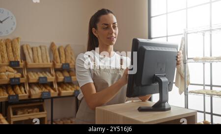 Jeune femme travaillant derrière un comptoir dans une boulangerie avec des miches de pain derrière elle et utilisant un écran tactile Banque D'Images