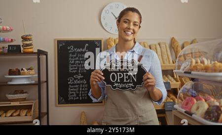 Femme tenant le signe ouvert dans la boulangerie remplie de pain et de pâtisseries, souriant, horloge sur le mur, brune, boutique, adulte, femelle, attrayant, intérieur, hispanique Banque D'Images